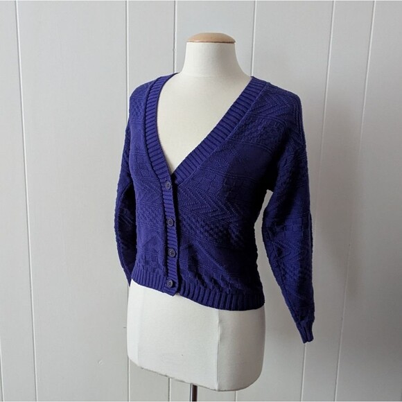 Vintage Royal Purple Texture Knit V-Neck Cardigan - Picture 2 of 7